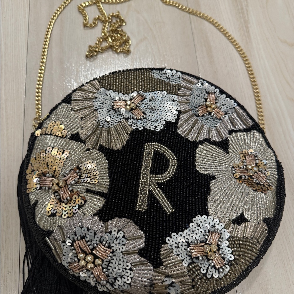 Anthropologie Black and Gold Floral Beaded Bag